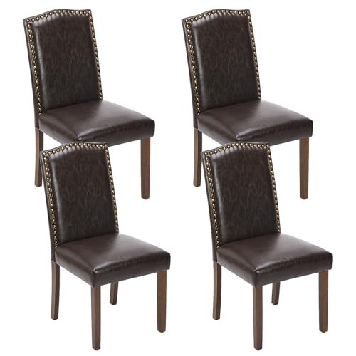 Mid Century Modern Brown Leather Dining Chair Set of 4