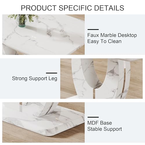 Modern White Faux Marble Dining Table Set for 6 with 6 PU Leather Chairs