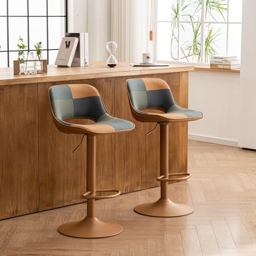 YOUNIKE Set of 2 Adjustable Patchwork Bar Stools - Boho Faux Leather Kitchen Chairs with Back, Tan and Green
