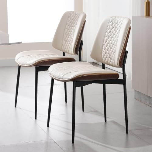 Modern Walnut Dining Chairs Set of 2 - Beige PU Leather Armless Mid Century Style