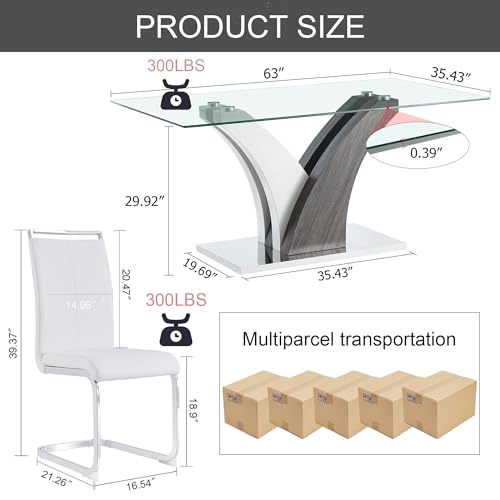 AZmac 63 Glass Dining Table Set for 6 with White PU Leather Chairs