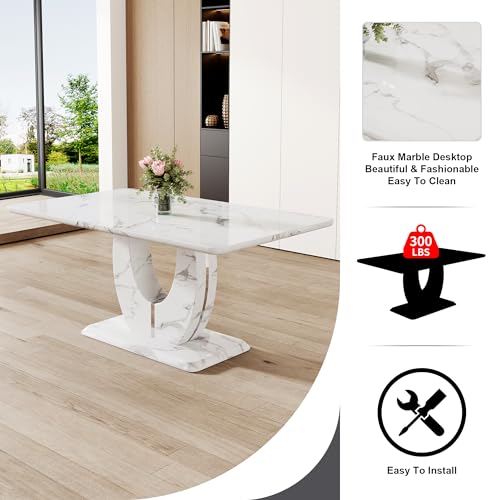 Modern White Faux Marble Dining Table Set for 6 with 6 PU Leather Chairs