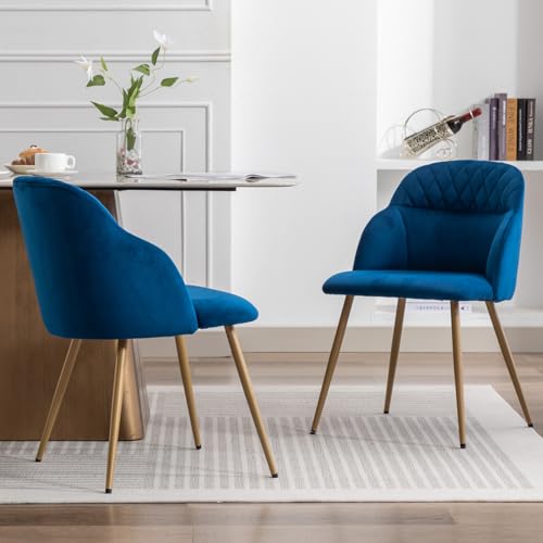 Blue Velvet Dining Chairs Set of 2 with Gold Metal Legs
