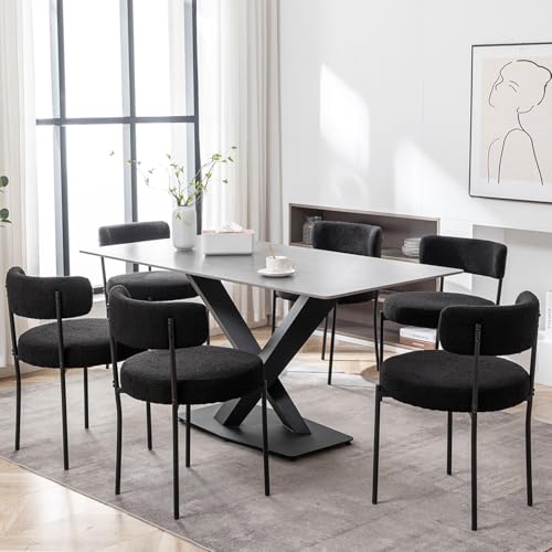Set of 4 Black Boucle Upholstered Dining Chairs with Metal Legs