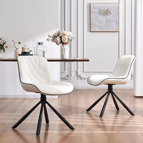 Set of 2 JNS AVIATION Mid-Century Modern Upholstered Dining Chairs with Metal Legs, White Faux Leather