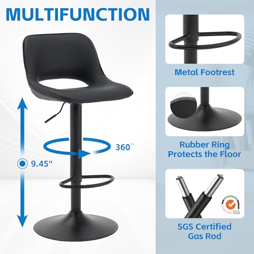 YOUNIKE Set of 2 Black Modern Swivel Bar Stools - Adjustable Faux Leather Counter Height Stools for Kitchen Island