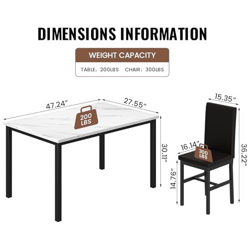 5-Piece Faux Marble Dining Table Set for 4 with PU Leather Chairs - Ideal for Small Spaces (White & Dark Brown)