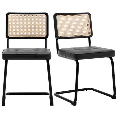 Mid Century Modern Rattan Dining Chair Set (2) Cane Back Chrome Legs
