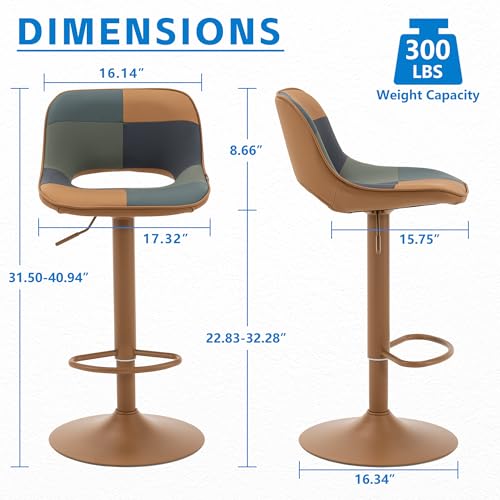 YOUNIKE Set of 2 Adjustable Patchwork Bar Stools - Boho Faux Leather Kitchen Chairs with Back, Tan and Green