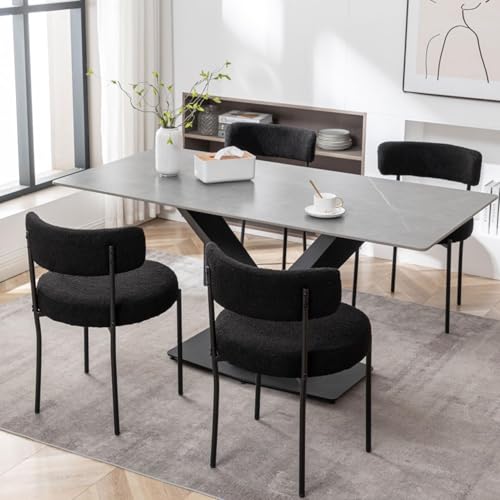 Set of 4 Black Boucle Upholstered Dining Chairs with Metal Legs