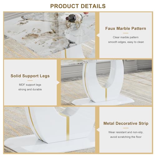 8-Person Dining Table Set with White Faux Marble and Leather Chairs