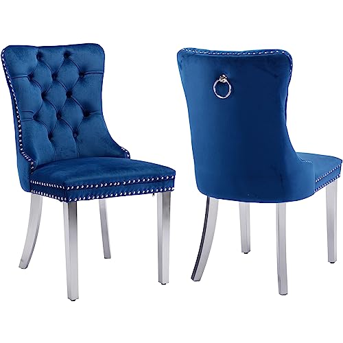 2 Piece Blue Velvet Chrome Leg Dining Chair Set