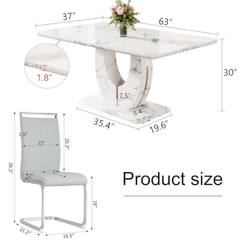 Modern White Faux Marble Dining Table Set for 6 with 6 PU Leather Chairs