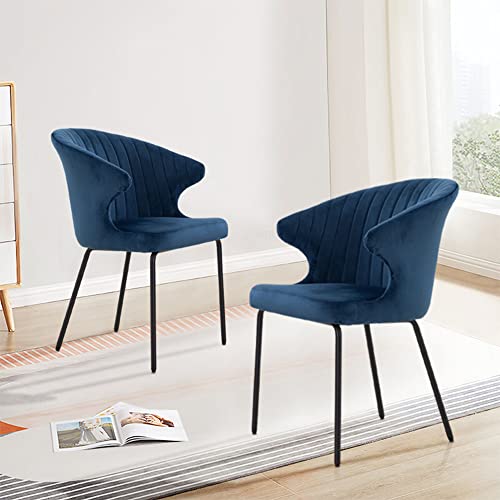 KevinPlus Set of 2 Navy Blue Velvet Dining Chairs with Metal Legs