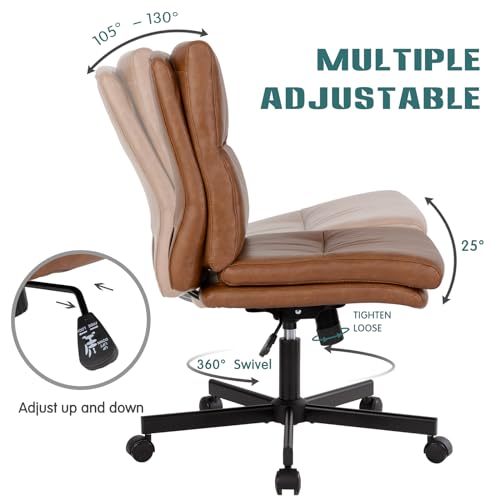 LUCKWIND Armless Swivel Desk Chair with Wheels, Adjustable Height, Double-Padded PU Leather for Home, Office & Bedroom (Brown)