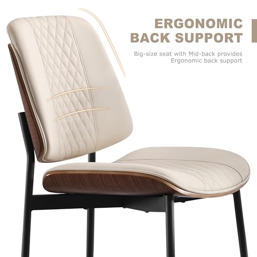 Modern Walnut Dining Chairs Set of 2 - Beige PU Leather Armless Mid Century Style