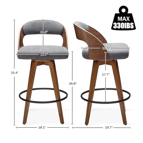 Modern 26.8 Inch Barstools Set of 2 for Kitchen Island, Swivel Counter Stools with Wood Back and Bamboo Legs
