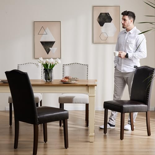 Mid Century Modern Dining Chairs Set of 4, Upholstered Leather with Nailhead Trim and Wood Legs, Brown