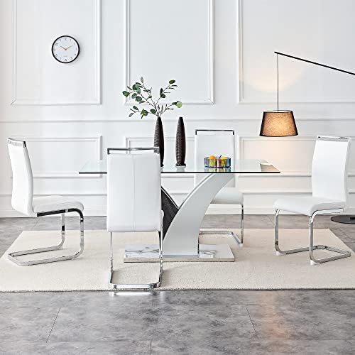 AZmac 63cm Glass Dining Table with 6 White PU Chairs