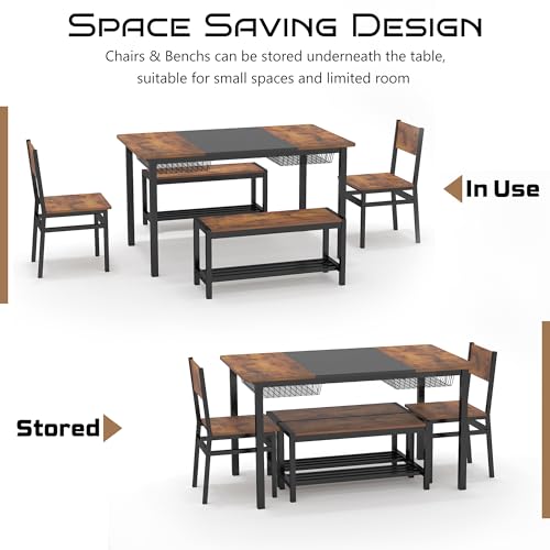 Industrial Dining Table Set for 4-6: Rustic Brown with Benches, Chairs, and Storage Rack