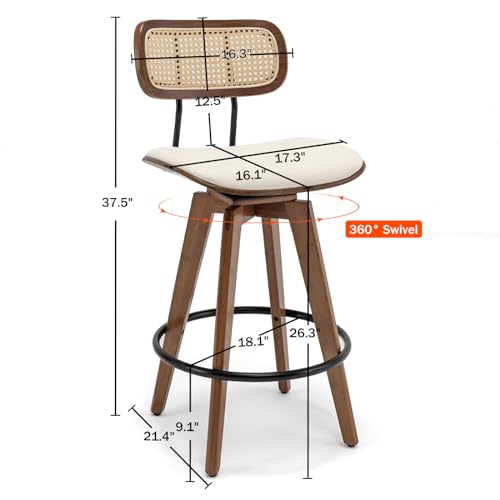 Swivel Rattan Bar Stools Set of 2 - Mid Century Modern Design for Kitchen or Bar