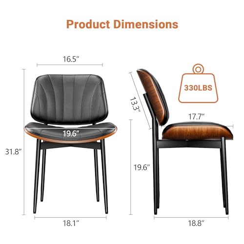 Set of 2 Mid Century Modern Upholstered Dining Chairs with Walnut and Metal Legs, Black