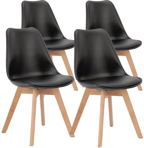 JNS AVIATION Set of 4 Mid-Century Modern Dining Chairs with Wood Legs and PU Leather Cushions - Black