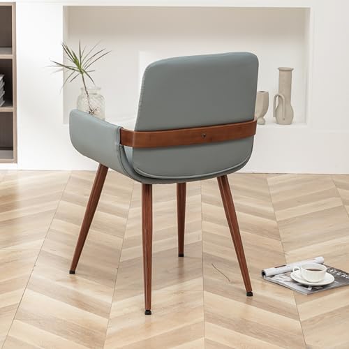 LUNLING Set of 2 Mid Century Modern Dining Chairs - Blue Faux Leather, Bentwood Frame, Upholstered Seat, Metal Legs, Adjustable Foot