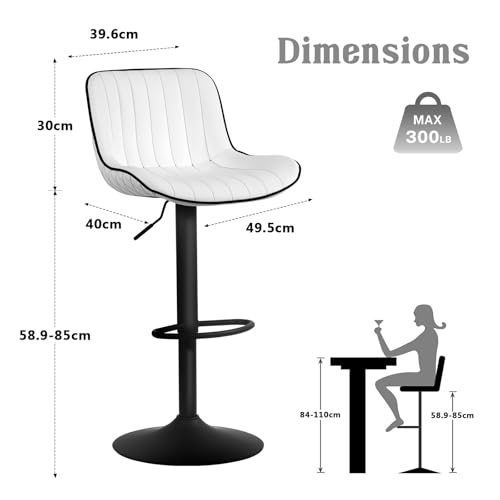 JNS AVIATION Set of 2 Modern Adjustable White Bar Stools with Backs - Mid Century PU Leather for Kitchen Island
