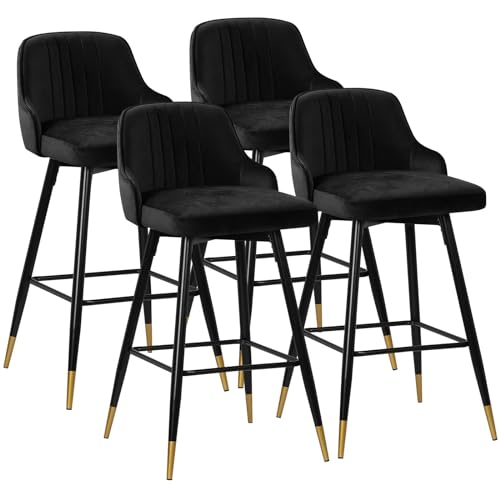 4 Black Swivel Bar Stools with Back, 25.6" Height, Modern Velvet Seat (35-38)