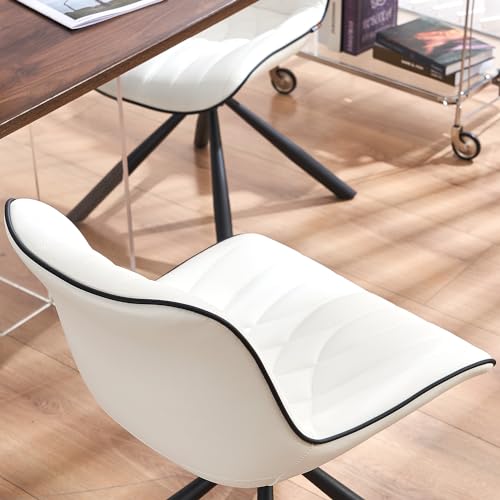 Set of 2 JNS AVIATION Mid-Century Modern Upholstered Dining Chairs with Metal Legs, White Faux Leather