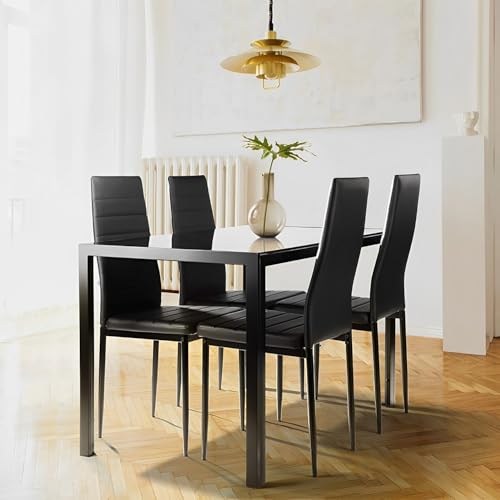 Modern Black Glass Dining Set with Upholstered Chairs for 4
