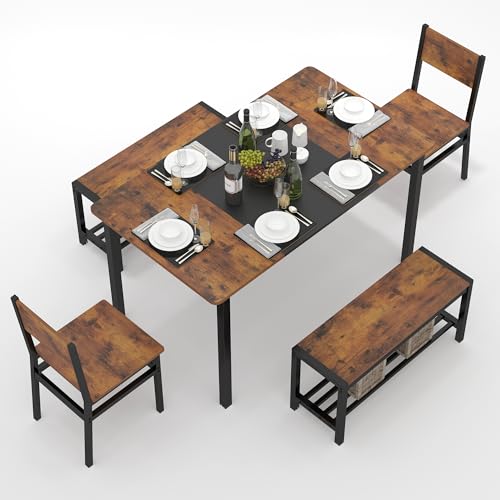 Rustic Brown Industrial Dining Table Set: Benches, Chairs, Storage Rack