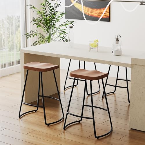 24 Metal Bar Stools Set of 4, Saddle Seat Backless Counter Height Barstools - Brown

Audience: those interested in bar stools for kitchen islands.