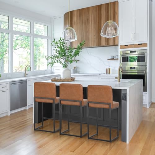 3 Brown Leather Counter Height Bar Stools in Set for Kitchen Counter by PHI VILLA