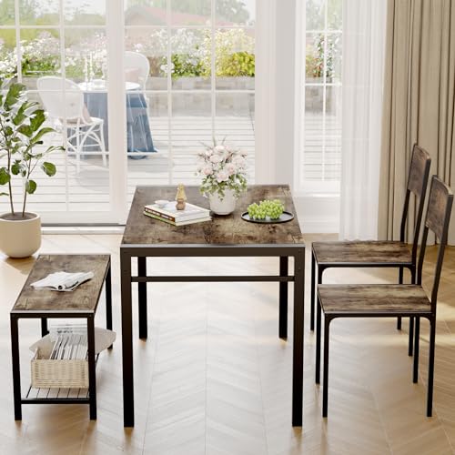 JUMMICO Rustic Brown Dining Table Set for 4 with Bench & Chairs