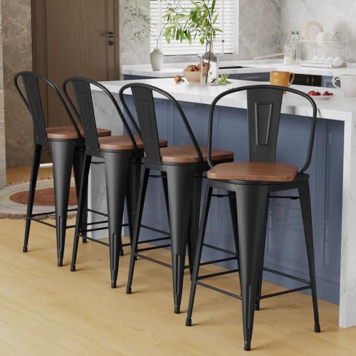 4 Alunaune 24 Black Swivel Bar Stools with High Backs Wooden Seats