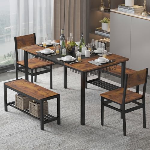 Rustic Brown Industrial Dining Table Set: Benches, Chairs, Storage Rack