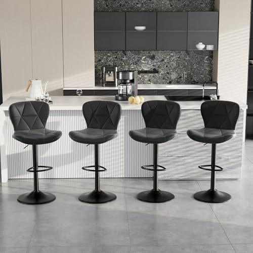 2-Pack Adjustable Swivel Bar Stools in Black Faux Leather for Kitchen Island