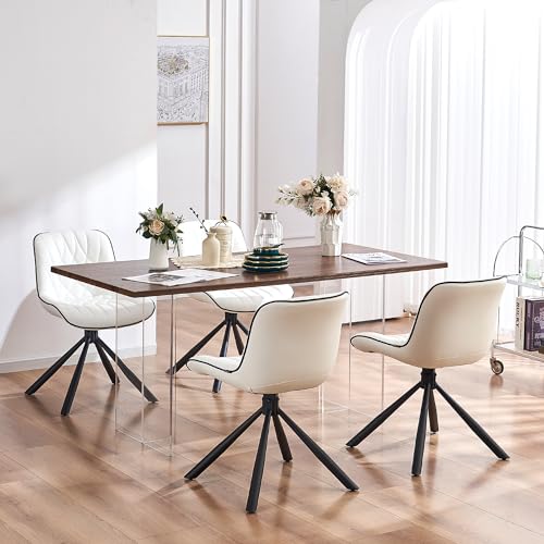 Set of 2 JNS AVIATION Mid-Century Modern Upholstered Dining Chairs with Metal Legs, White Faux Leather