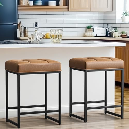 JNS AVIATION Brown Backless 24-Inch Faux Leather Bar Stools for Kitchen Island