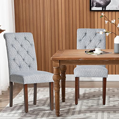 COLAMY Set of 2 Blue Button-Tufted Dining Chairs with Wood Legs