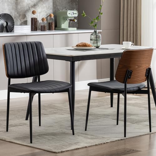 Mid Century Modern Black Leather Dining Chairs Set of 2 for Kitchen and Dining Room