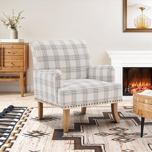 MOJAY Mid-Century Modern Grey Plaid Accent Chair with Solid Wood Legs