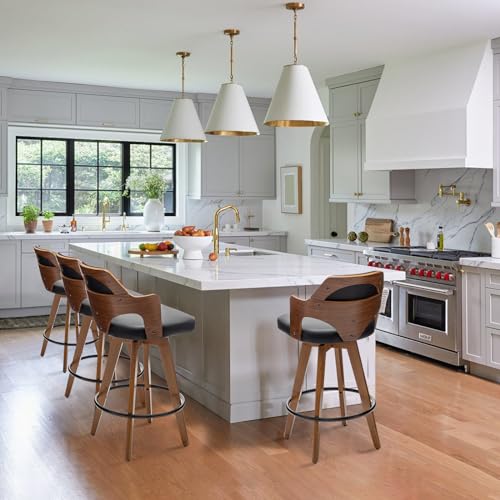 Set of 2 Swivel Bar Stools with Bamboo Legs for Kitchen Island (Black-PU)