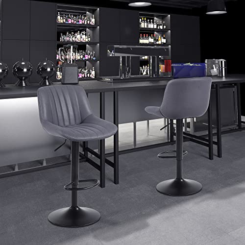 Set of 2 Adjustable Dark Grey Swivel Bar Stools with Back