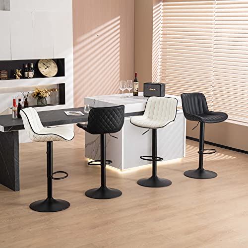 JNS AVIATION Set of 2 Modern Adjustable White Bar Stools with Backs - Mid Century PU Leather for Kitchen Island