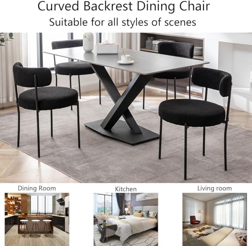 Set of 4 Black Boucle Upholstered Dining Chairs with Metal Legs