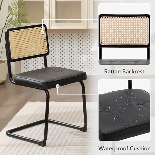 Mid Century Modern Rattan Dining Chairs Set of 2 with Cane Back and Chrome Legs