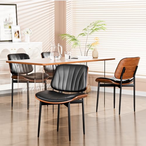 Set of 2 Mid Century Modern Upholstered Dining Chairs with Walnut and Metal Legs, Black
